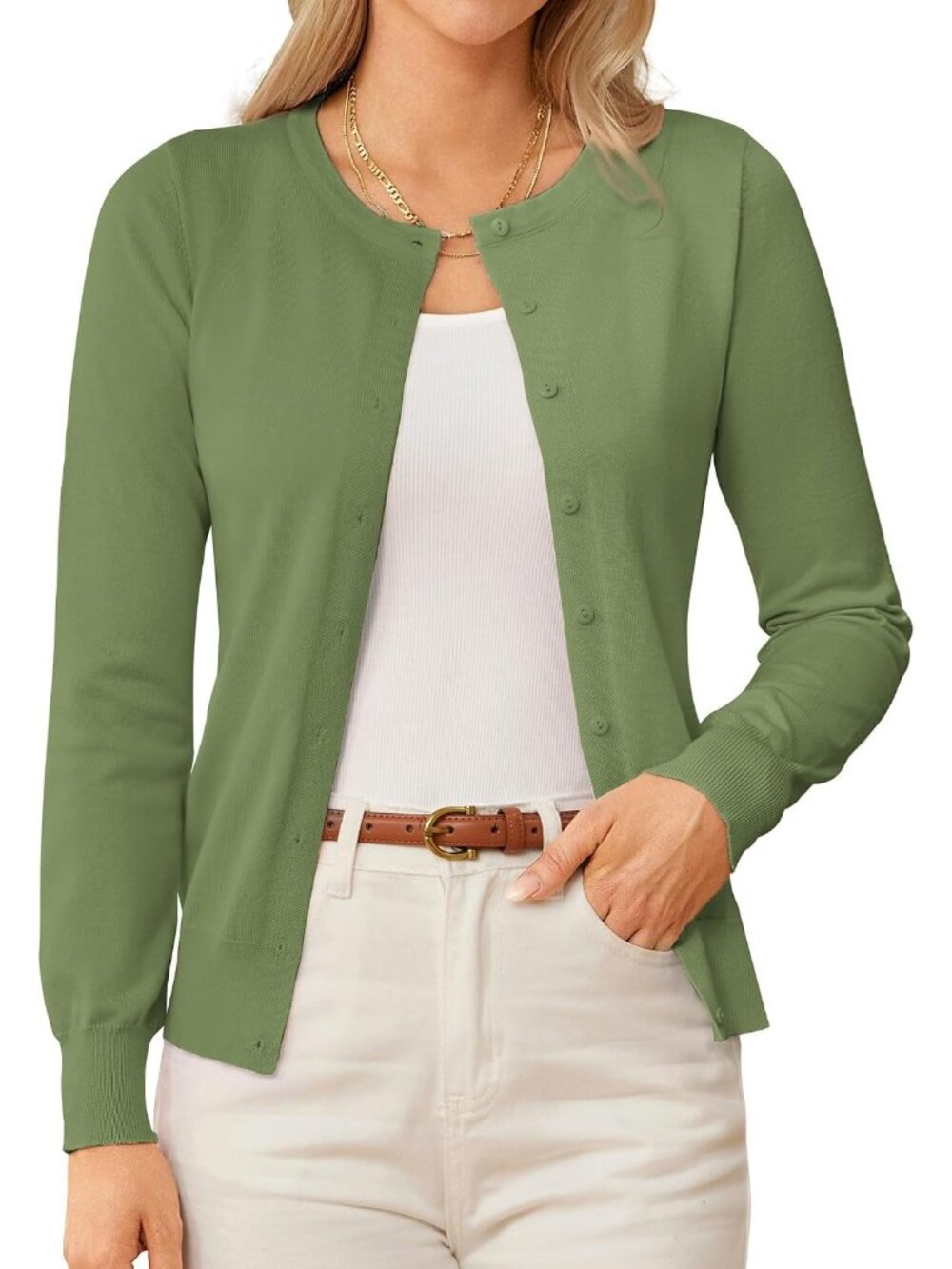 🆕Women's Mint Green Crew-neck Knit Cardigan Sweater Lightweight Button Up